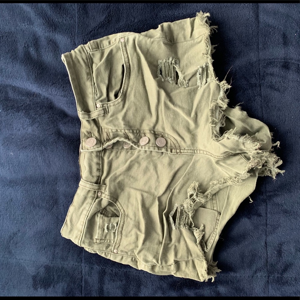 Army green high waisted distressed frayed shorts